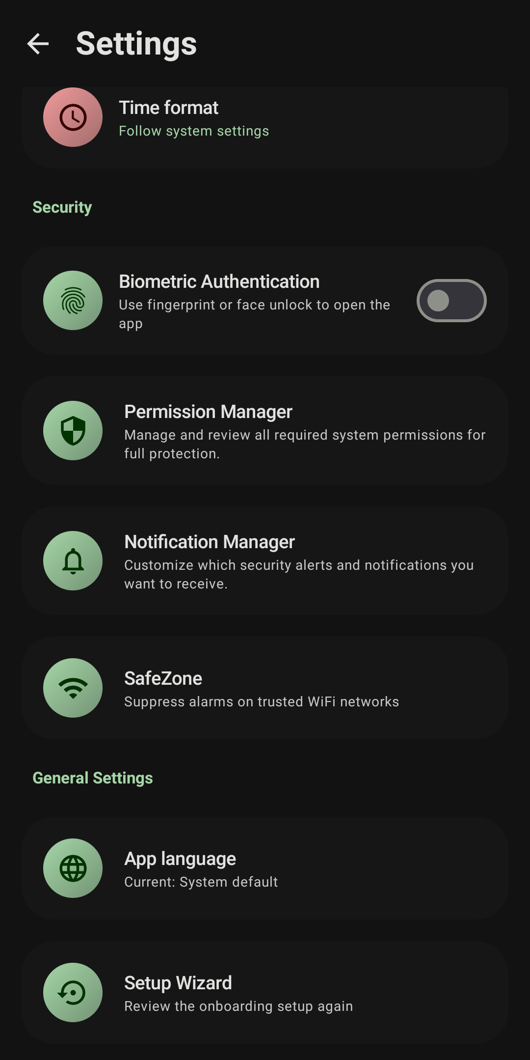 Settings: Security and Safezone