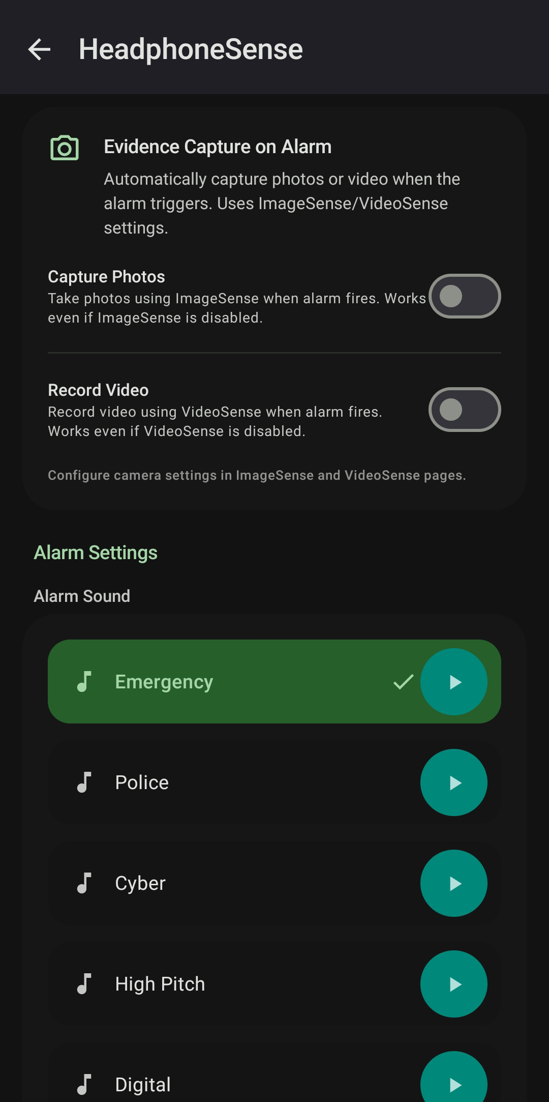 HeadphoneSense Alarm Config