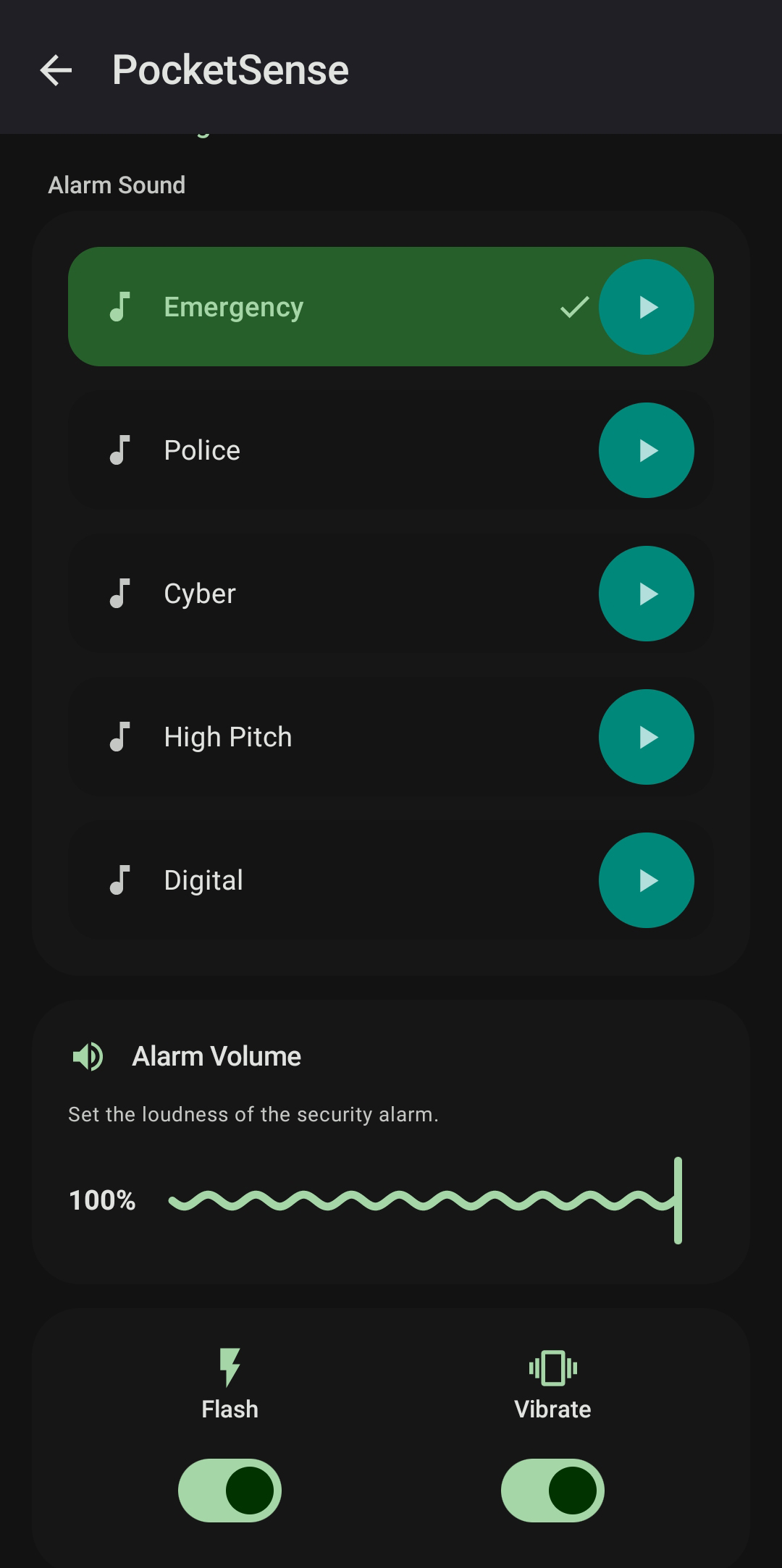 PocketSense Alarm Settings